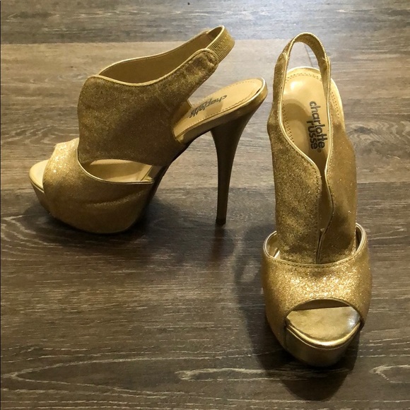 Size 6 Gold Glitter Peep Toe Slingbacks - Picture 2 of 5